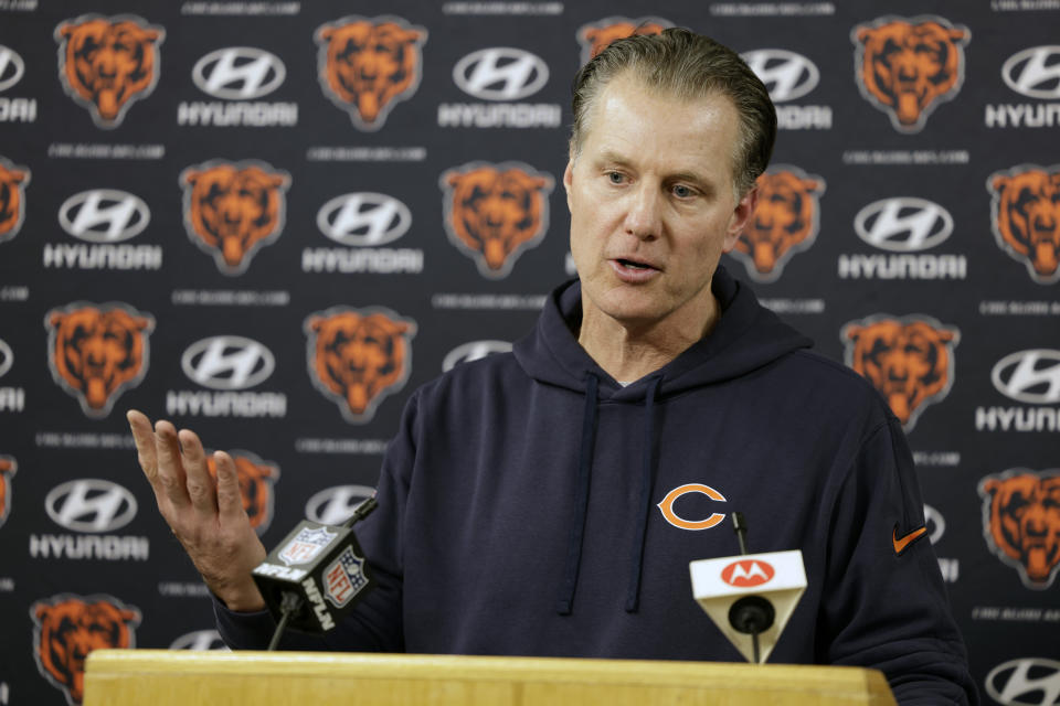 Chicago Bears head coach Matt Eberflus speaks during a news conference following an NFL football game against the Green Bay Packers Sunday, Jan. 7, 2024, in Green Bay, Wis. The Packers won 17-9. (AP Photo/Matt Ludtke)