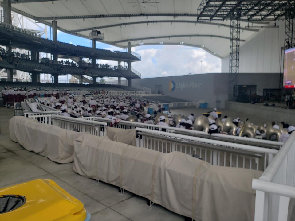 Fans can sit in the Daily's Place amphitheater and watch the game on a large video screen during Jaguars home games. At the home opener, many of the seats were filled by the Bethune-Cookman band, which performed at halftime.