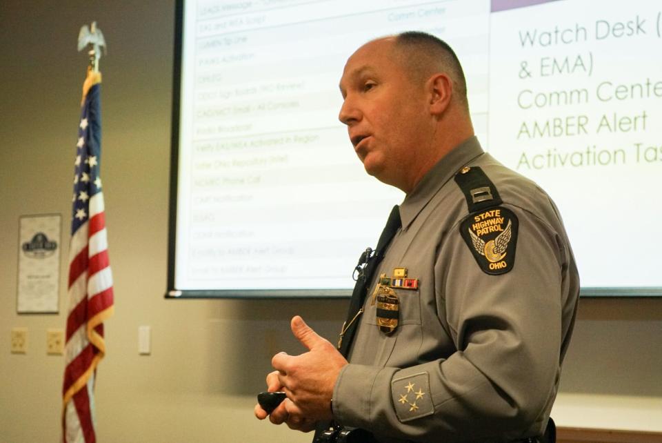 Capt. Ron Raines of the Ohio State Highway Patrol spoke about AMBER Alerts at a press conference in Worthington on Wednesday.