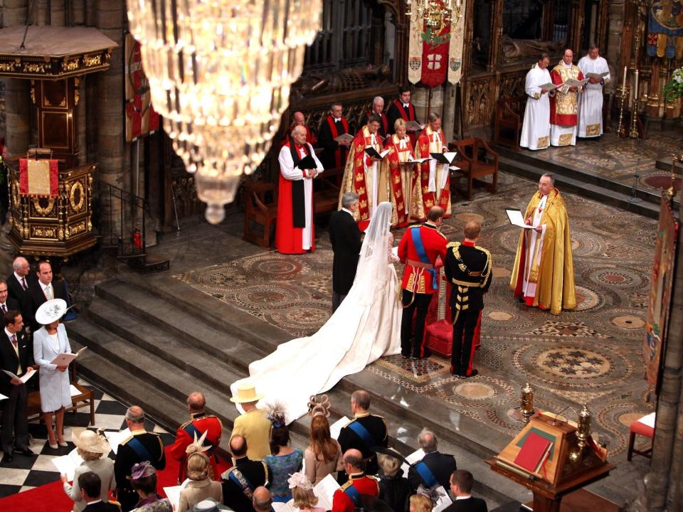 An aerial shot of Kate Middleton and Prince Harry's wedding at Westminster Abbey.