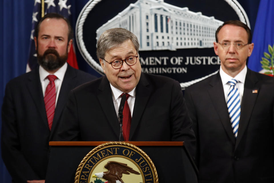 Attorney General William Barr speaks about the release of a redacted version of special counsel Robert Mueller's report during a news conference, April 18, 2019. (ASSOCIATED PRESS)
