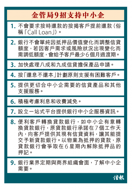 金融管理局聯同「銀行業中小企貸款協調機制」的銀行，推出9項措施，以支持中小企獲取銀行融資