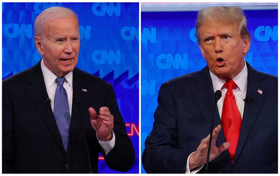 Democratic Party presidential candidate U.S. President Joe Biden and Republican presidential candidate, former U.S. President Donald Trump, speak during a presidential debate in Atlanta on June 27, 2024 in a combination photo provided by Reuters.