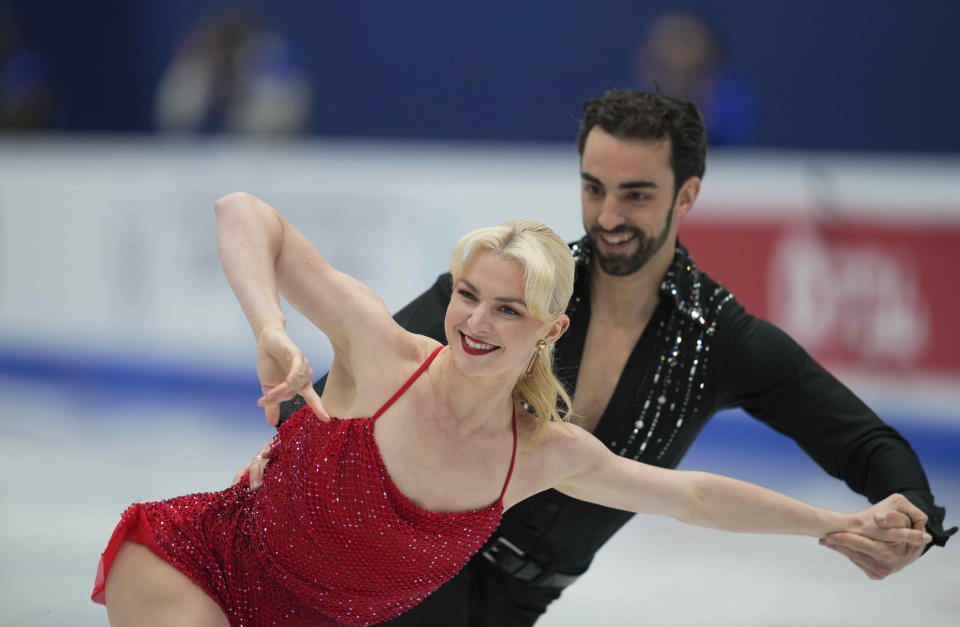 Olivia Smart and Adrian Diaz from Spain   during Pairs Ice Dance, at Sud de France Arena, Montpellier, France on March 25, 2022. (Photo by Ulrik Pedersen/NurPhoto via Getty Images)