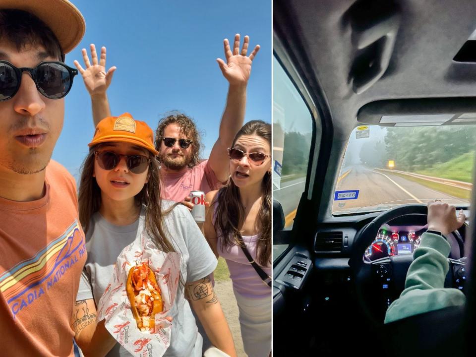 Two images. Left: Four friends take a selfie with one of them holding a lobster roll