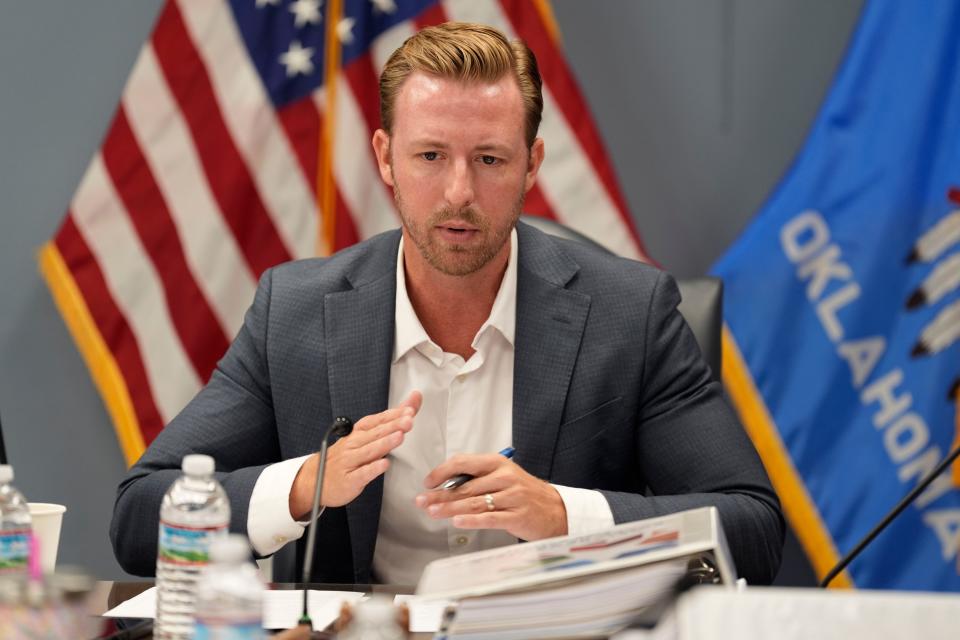 State schools Superintendent Ryan Walters speaks during an Oklahoma State Board of Education meeting in Oklahoma City, Wednesday, July 31, 2024.