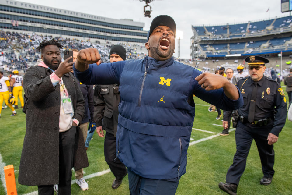 Interim head coach Sherrone Moore was emotional after Michigan's win over Penn State on Saturday. (Aaron J. Thornton/Getty Images)