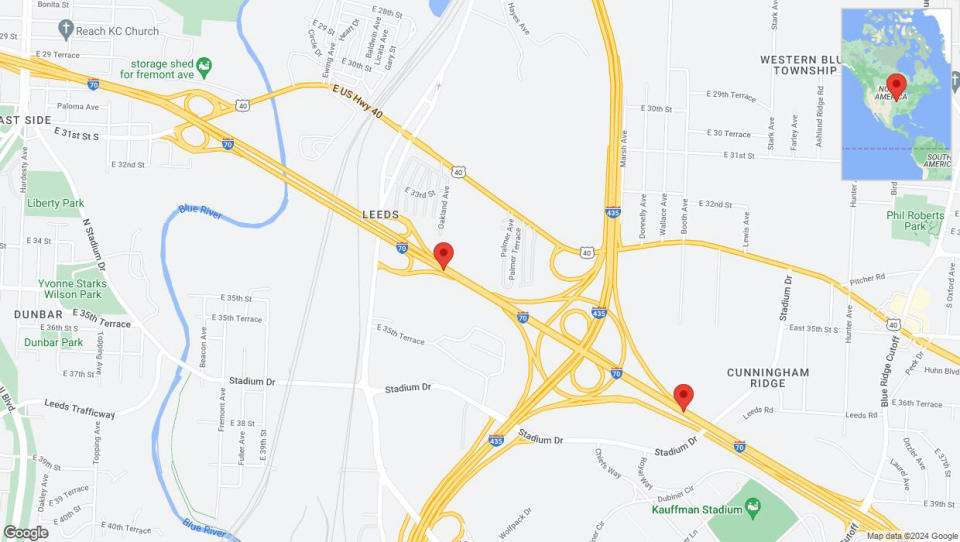 A detailed map that shows the affected road due to 'I-70 Richtung Blue Ridge Cut Off/Exit 9' on January 8th at 11:44 p.m.