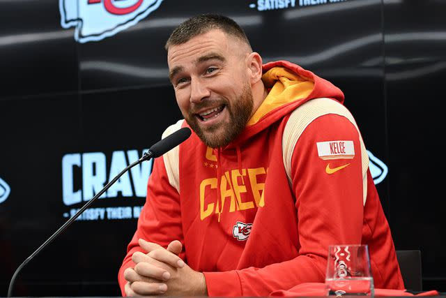 <p>Arne Dedert/picture alliance via Getty</p> Travis Kelce talks to media in Frankfurt, Germany