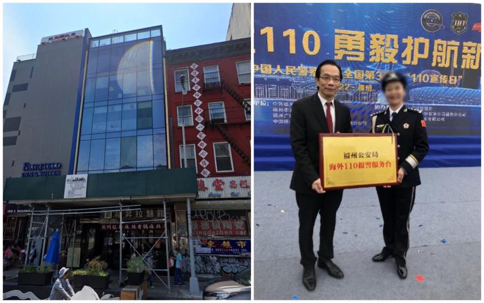 Images included in the complaint depicting the alleged undeclared Chinese office in Manhattan, left, and Lu Jianwang posing with a Chinese police officer and a sign seemingly acknowledging the "overseas station."<span class="copyright">United States District Court Eastern District of New York</span>