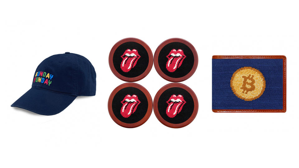 Smathers & Branson needlepoint accessories. From left to right: Sunday Funday baseball cap, Rolling Stones lips coasters, Bitcoin wallet