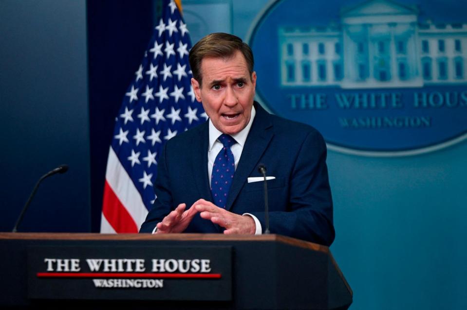 PHOTO: White House National Security Communications Advisor John Kirby speaks during the daily press briefing in the Brady Press Briefing Room of the White House in Washington, DC, on April 4, 2024.  (Olivier Douliery/AFP via Getty Images)
