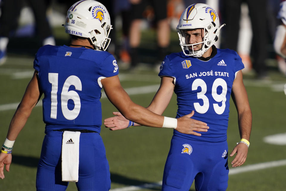 San Jose State placekicker Matt Mercurio (39) celebrates after making a field goal against Boise State during the first half of an NCAA college football game for the Mountain West championship, Saturday, Dec. 19, 2020, in Las Vegas. (AP Photo/John Locher)