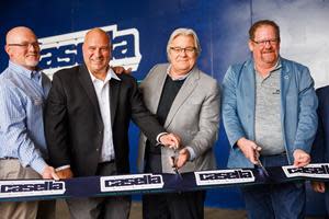 Casella's Austin McKnight, Bob Capadonna, and John Casella are joined by Machinex CEO Chris Hawn to officially cut the ribbon on the retrofit.