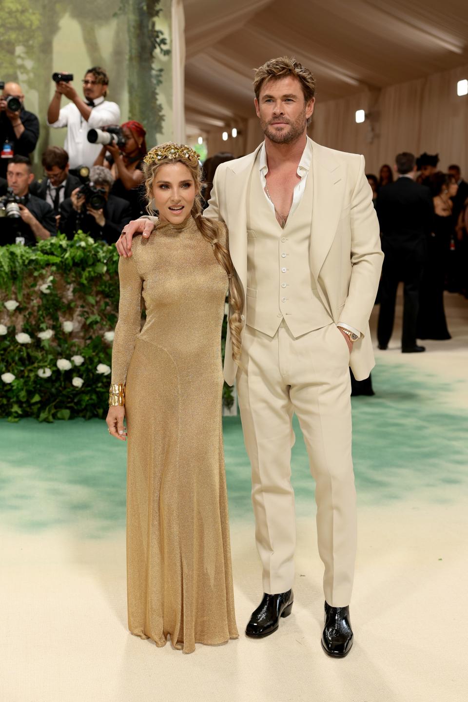 Elsa Pataky and Chris Hemsworth attend the 2024 Met Gala celebrating “Sleeping Beauties: Reawakening Fashion” at The Metropolitan Museum of Art on May 6, 2024, in New York City.