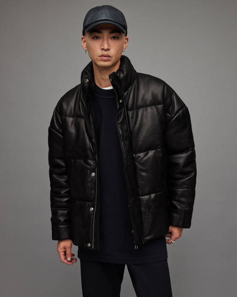 Black lambskin leather puffer jacket from All Saints