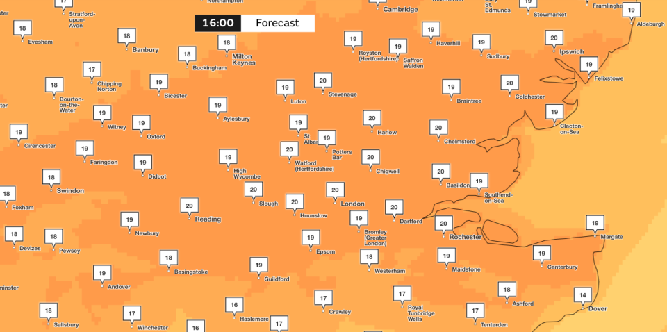 London, Hounslow, Chigwell, Colchester, Reading, Ipswich, Stevenage, Watford, Chelmsford are among the places where forecasters have predicted 20c temperatures. (Met Office)