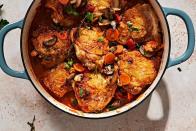 <p>Cacciatore translates to “hunter” in <a href="https://www.delish.com/cooking/menus/g2616/italian-dinner-recipes/" rel="nofollow noopener" target="_blank" data-ylk="slk:Italian" class="link ">Italian</a>, and it’s thought that this dish arose in popularity during the Renaissance. As the story goes, the dish emerged as a means to feed hunters who’d been away tracking for long periods of time, using the meat, mushrooms, and herbs they’d collected along the way. We love this served on its own with <a href="https://www.delish.com/cooking/recipe-ideas/a32600927/french-bread-recipe/" rel="nofollow noopener" target="_blank" data-ylk="slk:crusty bread" class="link ">crusty bread</a> for dipping (or <a href="https://www.delish.com/cooking/recipe-ideas/a24803098/easy-garlic-bread-recipe/" rel="nofollow noopener" target="_blank" data-ylk="slk:garlic bread" class="link ">garlic bread</a>?), but if you want a fuller meal, try it alongside rustic <a href="https://www.delish.com/cooking/recipe-ideas/recipes/a50630/perfect-mashed-potatoes-recipe/" rel="nofollow noopener" target="_blank" data-ylk="slk:mashed potatoes" class="link ">mashed potatoes</a> or <a href="https://www.delish.com/cooking/recipe-ideas/a39024144/polenta-recipe/" rel="nofollow noopener" target="_blank" data-ylk="slk:polenta" class="link ">polenta</a>.<br><br>Get the <strong><a href="https://www.delish.com/cooking/recipe-ideas/a53406/easy-chicken-cacciatore-recipe/" rel="nofollow noopener" target="_blank" data-ylk="slk:Skillet Chicken Cacciatore recipe" class="link ">Skillet Chicken Cacciatore recipe</a></strong>. </p>