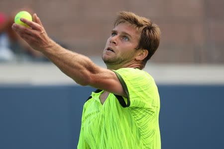 Aug 31, 2016; New York, NY, USA; Ryan Harrison of the United States serves against Milos Raonic of Canada (not pictured) on day three of the 2016 U.S. Open tennis tournament at USTA Billie Jean King National Tennis Center. Mandatory Credit: Geoff Burke-USA TODAY Sports