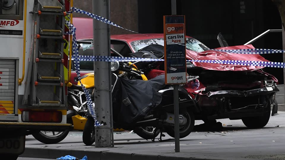 The car which was used to hit more than 20 people on a Melbourne CBD footpath. Photo: AAP