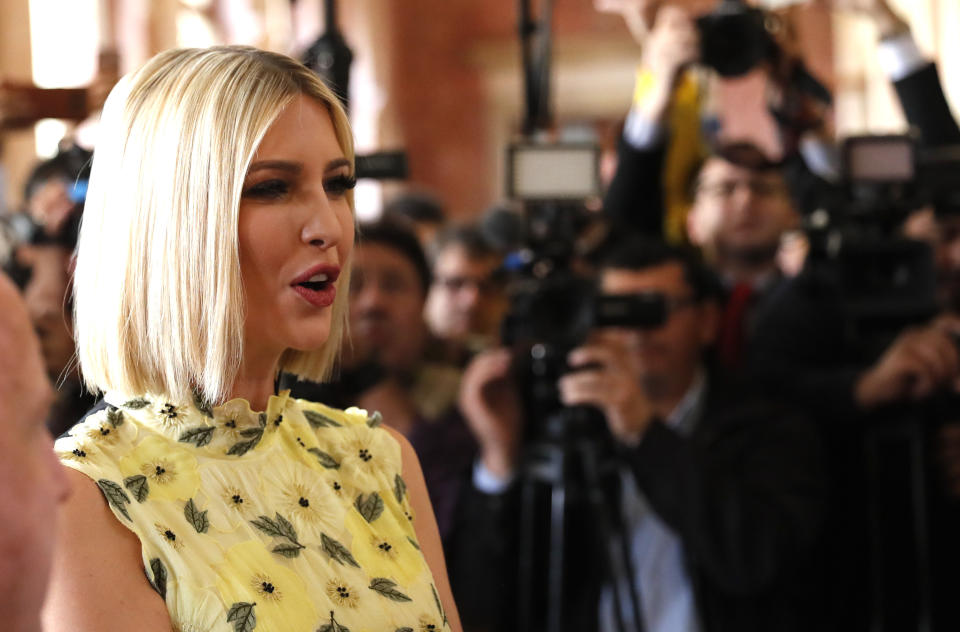 Ivanka Trump, President Donald Trump's daughter and White House adviser, arrives at Presidential Palace in Asuncion, Paraguay, Friday, Sept. 6, 2019. Ivanka Trump is on her third stop of a South American trip to promote women's empowerment. (AP Photo/Jorge Saenz)