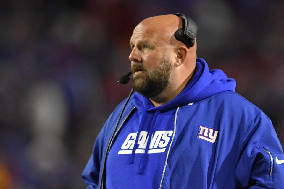 New York Giants head coach Brian Daboll watches play during the first half of an NFL football game against the Buffalo Bills in Orchard Park, N.Y., Sunday, Oct. 15, 2023. (AP Photo/Adrian Kraus)