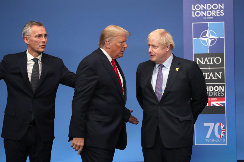 (left to right) Secretary General of Nato Jens Stoltenberg, US President Donald Trump and Prime Minister Boris Johnson during the annual Nato heads of government summit at The Grove hotel in Watford, Hertfordshire.