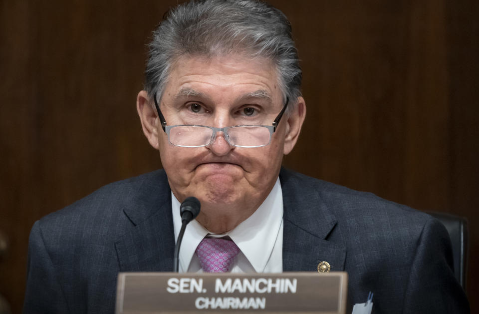 Sen. Joe Manchin, D-W.Va., a key holdout vote on President Joe Biden's domestic agenda, chairs a hearing of the Senate Energy and Natural Resources Committee, at the Capitol in Washington, Tuesday, Oct. 19, 2021. (AP Photo/J. Scott Applewhite)