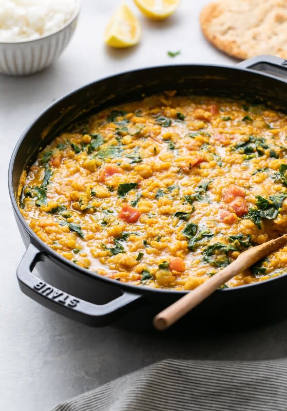 <p>Simple Veganista</p><p>This stew features tender lentils, tomatoes, onion, ginger and flavorful spices mixed with chickpeas. Plus kale for a healthy weeknight meal that’s easy to make!</p><p><strong>Get the recipe: <a href="https://simple-veganista.com/curry-red-lentil-stew-with-kale/" rel="nofollow noopener" target="_blank" data-ylk="slk:Curry Red Lentil Stew with Kale;elm:context_link;itc:0;sec:content-canvas" class="link ">Curry Red Lentil Stew with Kale</a></strong></p>