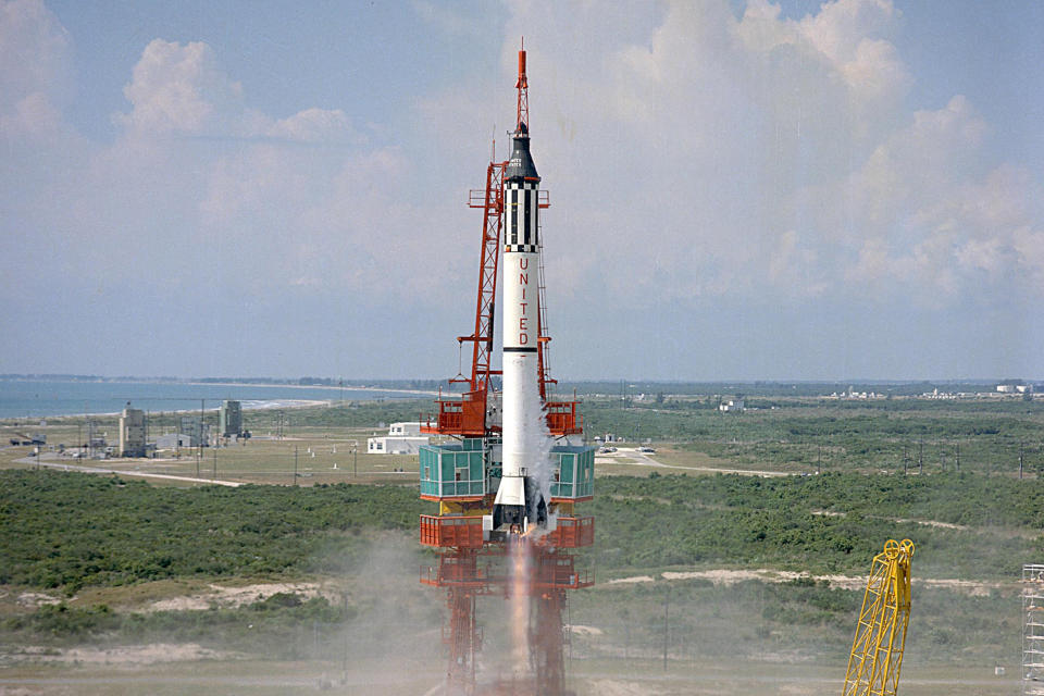 In this May 5, 1961 photo made available by NASA, astronaut Alan Shepard is launched into space atop a Mercury-Redstone rocket from Cape Canaveral, Fla. Freedom 7 was the first American manned suborbital space flight, making Shepard the first American in space. (NASA via AP)