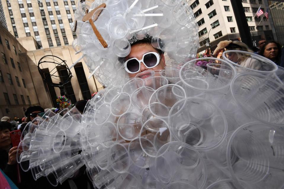 A crafty attendee uses plastic cups to create an outfit. Matthew McDermott