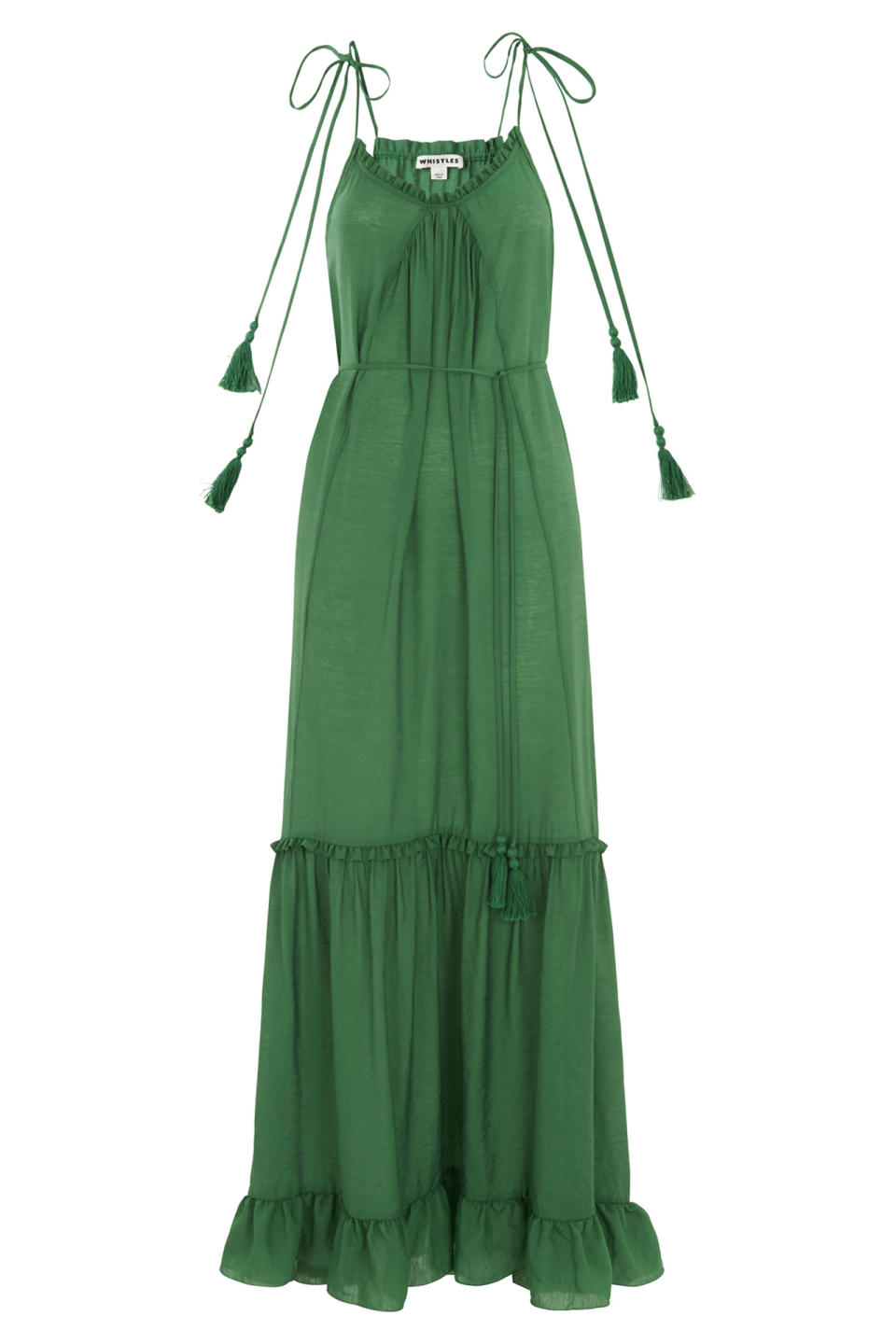 <p>Whistles Tassel Tie Maxi Dress, $299; <a rel="nofollow noopener" href="http://www.whistles.com/women/clothing/dresses/tassel-tie-maxi-dress-25151.html?dwvar_tassel-tie-maxi-dress-25151_color=Green" target="_blank" data-ylk="slk:whistles.com;elm:context_link;itc:0;sec:content-canvas" class="link ">whistles.com</a></p>