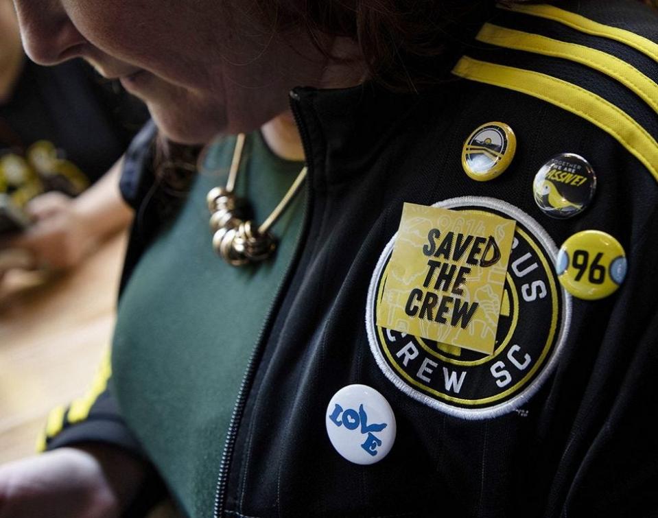 Evonne Segall, of Columbus, sports a "Saved The Crew" sticker on Oct. 17, 2018.