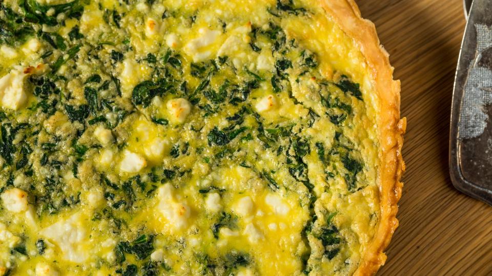 Homemade Feta Spinach Quiche Tart with Eggs and Onion