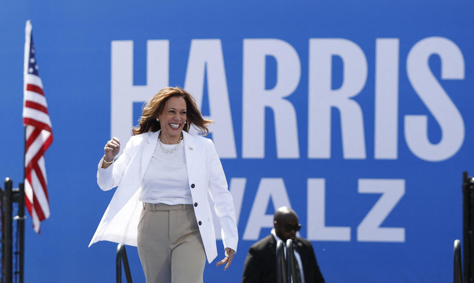 TOPSHOT - US Vice President and 2024 Democratic presidential candidate Kamala Harris arrives to speak during a campaign rally in Eau Claire, Wisconsin, August 7, 2024.  (Photo by KAMIL KRZACZYNSKI / AFP) (Photo by KAMIL KRZACZYNSKI/AFP via Getty Images)