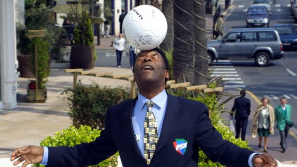 PHOTO: In this April 4, 2001, file photo, Brazilian football legend Pele plays with a soccer ball in Cannes, France. (Vanina Lucchesi/AFP via Getty Images, FILE)