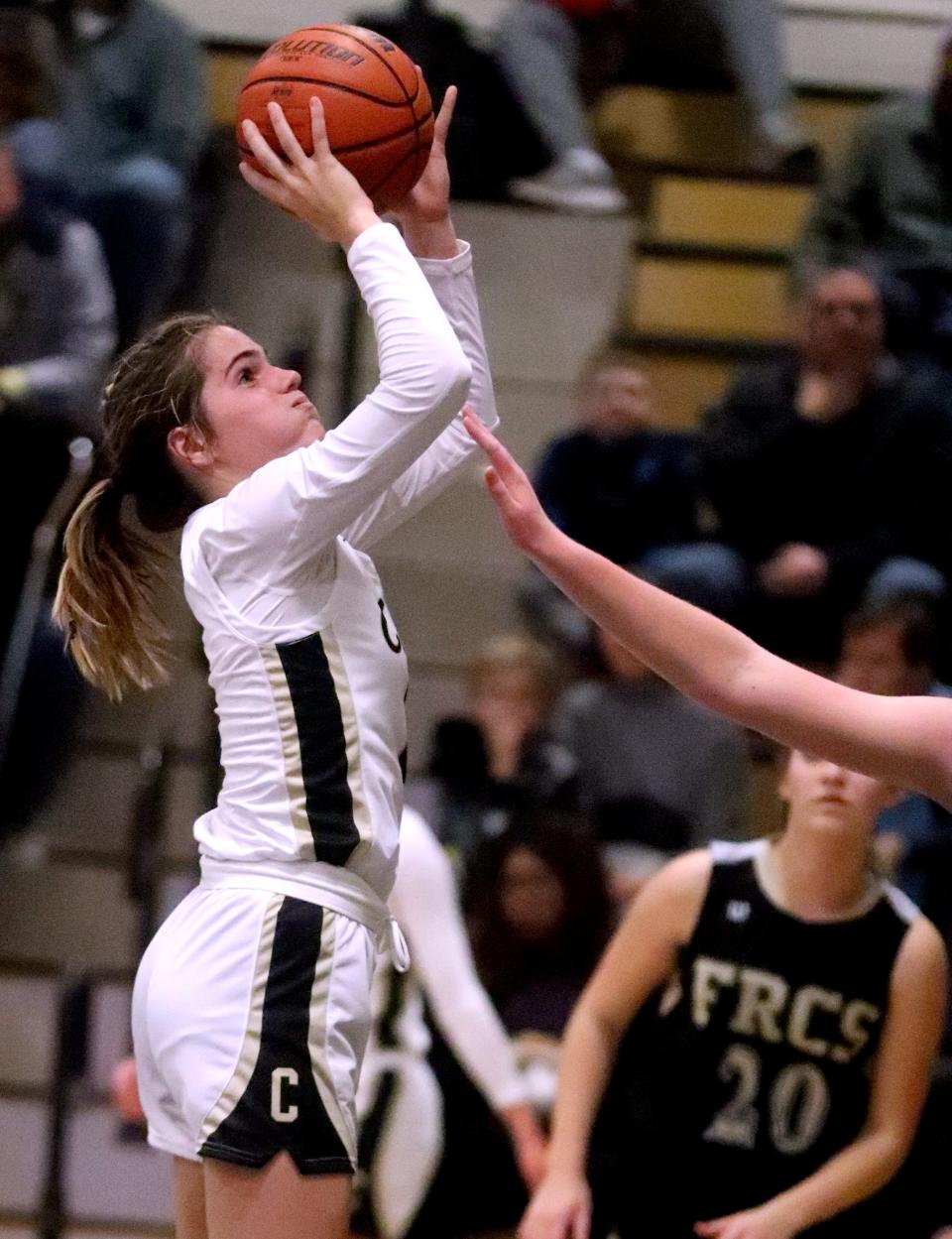 Central's Olivia Hart (2) goes up for a shot during the game against FRCS on Monday, Nov. 21, 2022, at Central.