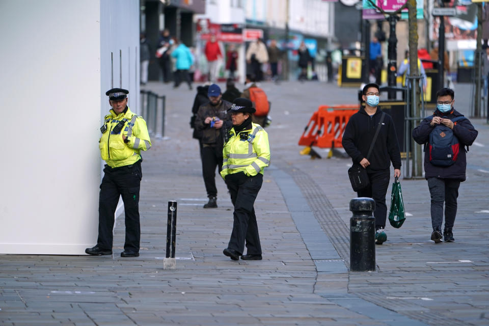 Police officers in Newcastle city centre at the start of a four week national lockdown for England.