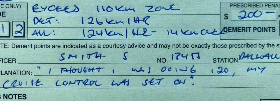 A speeding ticket from WA Police is pictured.