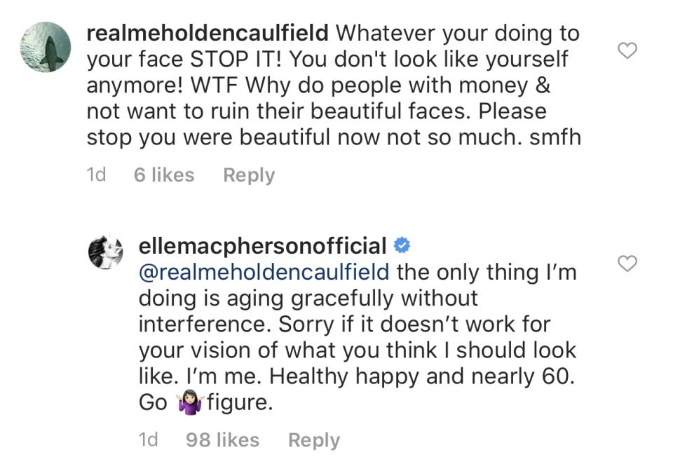 A commenter criticized Elle Macpherson's looks and accused the model of having work done. (Photo: Elle Macpherson via Instagram)