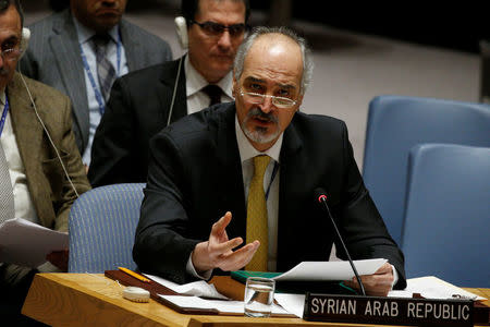 Syrian Arab Republic Ambassador to the U.N. Bashar Jaafari speaks during a UN Security Council meeting on Syria at the United Nations headquarters in New York, U.S., February 22, 2018. REUTERS/Brendan McDermid