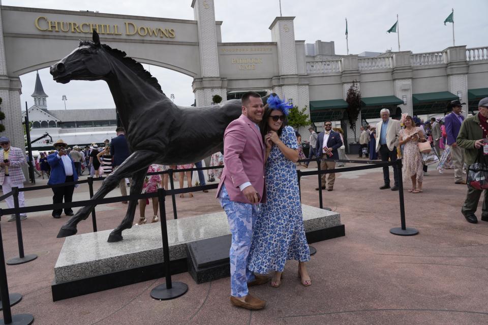 Brock Waynik and Olivia Turner were all smiles after Waynik proposed to Turner at Churchill Downs on Saturday, May 5, 2023. The two are from Zebulon, North Carolina, and are at their first Kentucky Derby.