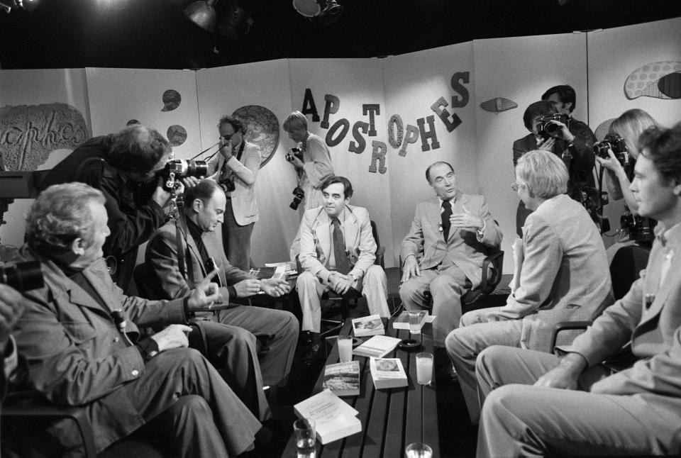 Emmanuel Le Roy Ladurie, second from right, being addressed by Francois Mitterrand in the television programme Apostrophes with other guests, Paris, 1978