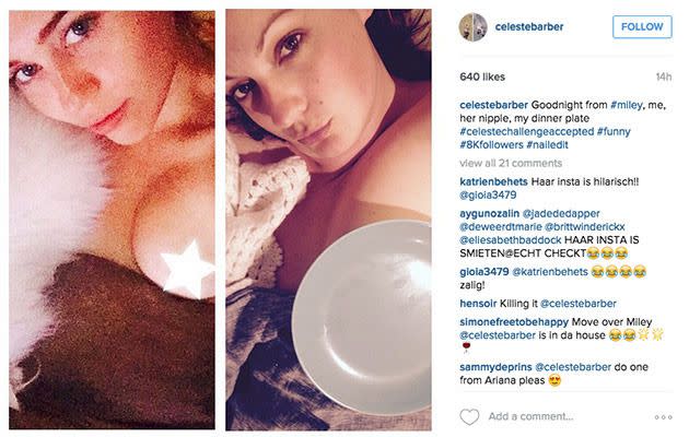 'Goodnight from #miley, me, her nipple, my dinner plate' Photo: instagram.com/celestebarber.