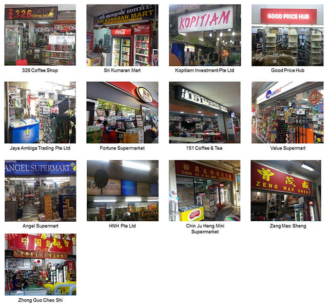 The store fronts of the 13 errant tobacco retailers. (Photos: Health Sciences Authority)