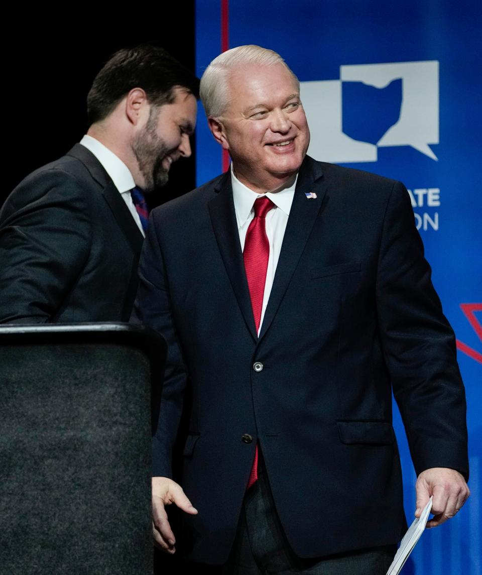 U.S. Senate Republican candidate Mike Gibbons smiles at the conclusion of Ohio’s U.S. Senate Republican Primary Debate at Central State University.