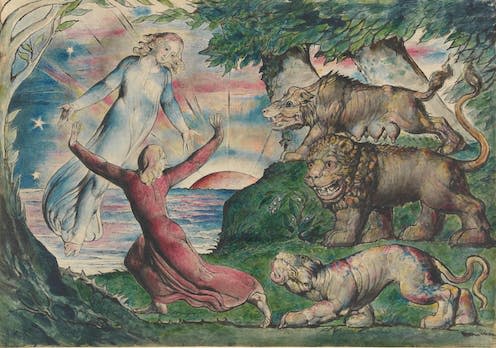 <span class="caption">Dante running from the Three Beasts by William Blake (1824-1827). </span> <span class="attribution"><a class="link " href="https://www.ngv.vic.gov.au/explore/collection/work/26892/" rel="nofollow noopener" target="_blank" data-ylk="slk:National Gallery of Victoria, Melbourne;elm:context_link;itc:0;sec:content-canvas">National Gallery of Victoria, Melbourne</a>, <a class="link " href="http://creativecommons.org/licenses/by-sa/4.0/" rel="nofollow noopener" target="_blank" data-ylk="slk:CC BY-SA;elm:context_link;itc:0;sec:content-canvas">CC BY-SA</a></span>