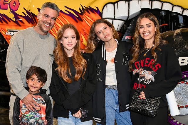 <p>Jon Kopaloff/Getty</p> Jessica Alba, Cash Warren and their three kids