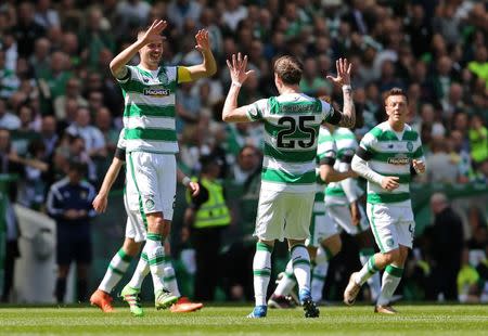 Mikael Lustig celebrates scoring the third goal for Celtic. Celtic v Motherwell - Ladbrokes Scottish Premiership - Celtic Park - 15/5/16. Action Images via Reuters / Russell Cheyne Livepic