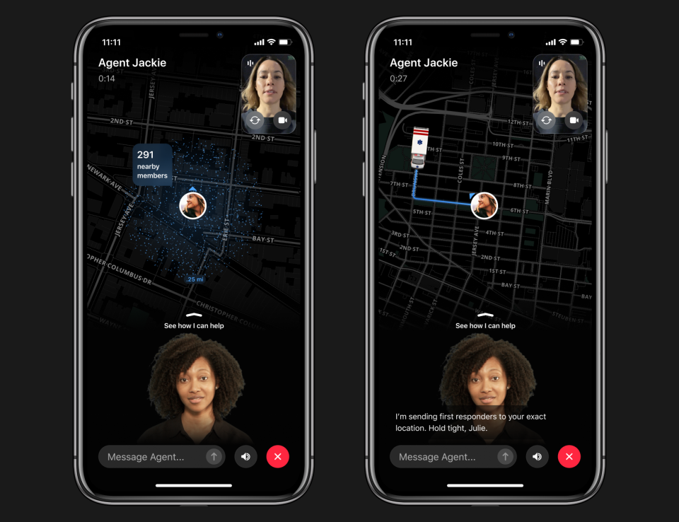 In these screenshots, the safety app Citizen shows how Protect, a new subscription-based security feature, could help users contact virtual agents via video, audio or text if they may be in danger.